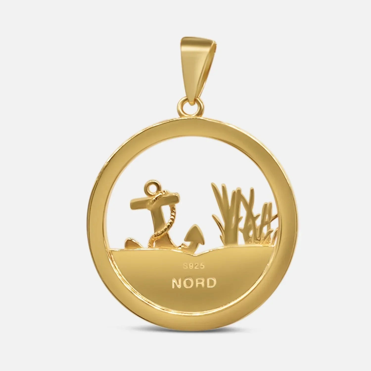 Goldener runder Anhänger mit Anker-Motiv, Strand und Gräser, maritimer Schmuck
