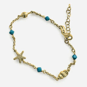 Goldenes Armband mit Seestern, Muschel und blauen Perlen, maritimer Schmuck