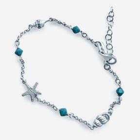 Silber Armband mit Seestern, Muschel Anhänger und blauen Perlen, maritimer Schmuck