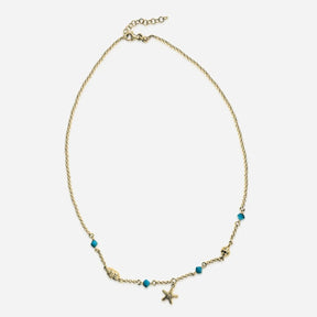 Goldene Kette mit blauem Perlen und Seestern-Anhänger, maritimer Schmuck