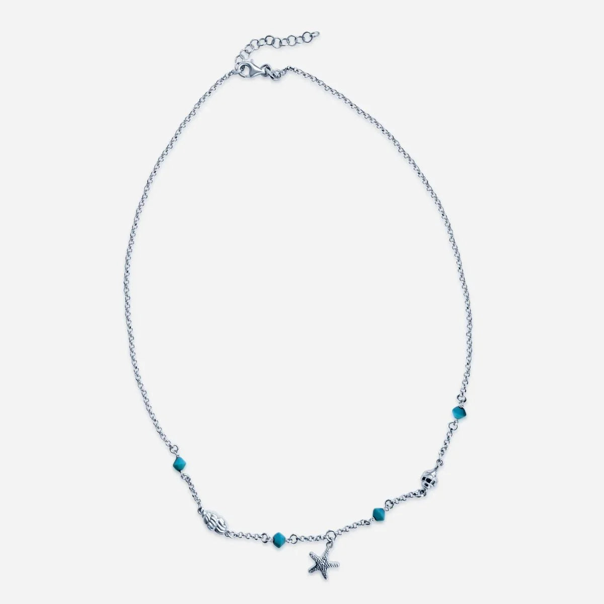 Silberkette mit Seestern-Anhänger, maritimen Elementen und türkisfarbenen Perlen