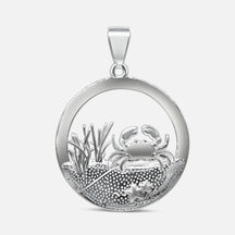 Runder Silberanhänger mit Krebs-Motiv, maritimer Schmuck, Strand und Meer Design