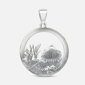 Runder Anhänger aus Silber mit Muschel-, Dünen- und Seestern-Motiv, maritimer Schmuck