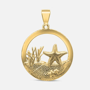 Goldener Kettenanhänger mit Seestern, Dünenmotiv und Strandgras, maritimer Schmuck