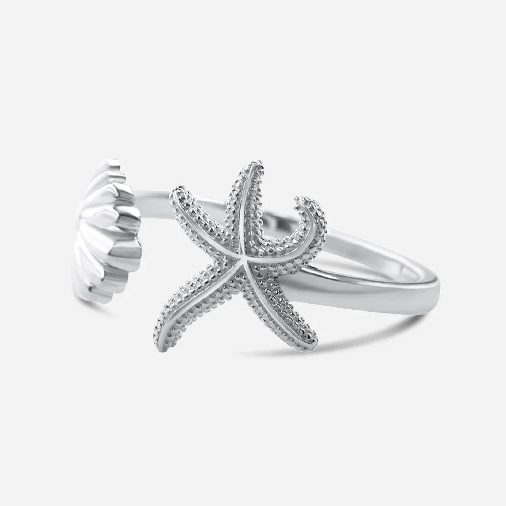 Silberring mit Seestern und Muschel Design, maritimer Schmuck für Strandliebhaber