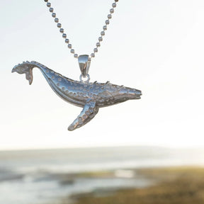 Wal Anhänger aus Silber an Kette, maritimer Schmuck vor Meereshintergrund